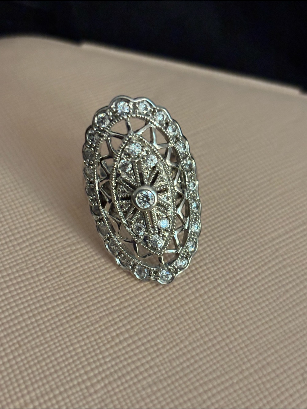 Vintage-Inspired Sterling Silver Cz Oval Filigree Ring -l